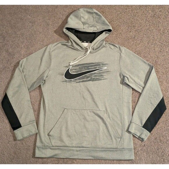 Nike Therma-Fit Gray Black Pullover Big Swoosh Logo Hoodie Sweatshirt Men's M - Picture 1 of 6